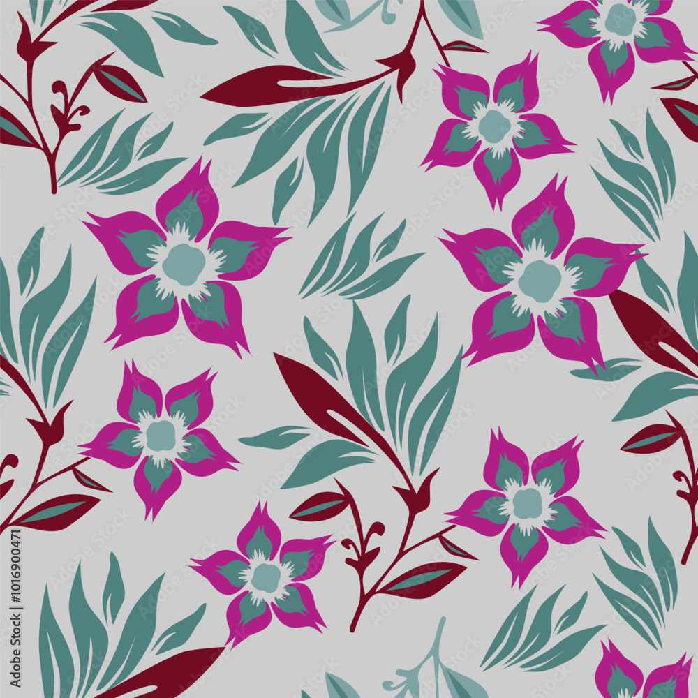 Seamless floral pattern, cute ditsy print with small pink flowers, leaves on purple background. Pretty botanical design for fabric, paper and other surfaces. Vector illustration. Seamless floral pattern, cute ditsy print with small pink flowers, leaves on purple background. Pretty botanical design for fabric, paper and other surfaces. Vector illustration.