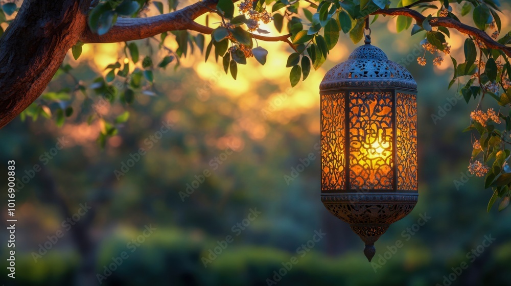 Ornate lantern hanging from tree branch with warm glow at sunset outdoors Ornate lantern hanging from tree branch with warm glow at sunset outdoors