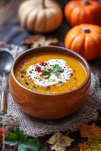 A bowl of soup with a spoon on a table with a pile of pumpkin leaves. The bowl is full of soup and has a spoon in it