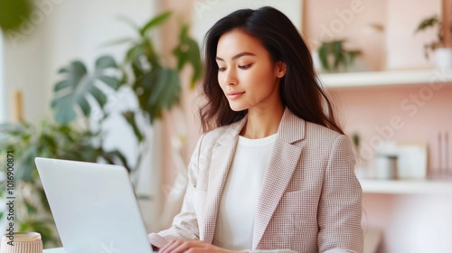 young East Asian woman in a plaid blazer and wide-leg trousers, typing on her laptop at a standing desk in a trendy startup office