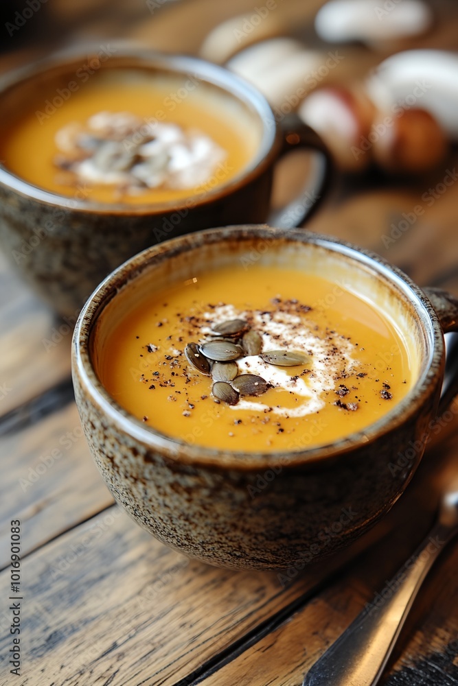 Two cups of soup with seeds and cream on top. Scene is warm and comforting Two cups of soup with seeds and cream on top. Scene is warm and comforting