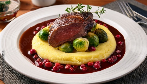 Venison saddle from the Polting estate, polenta, cranberries, Brussels sprouts, Madagascar pepper with vinegar jus photo