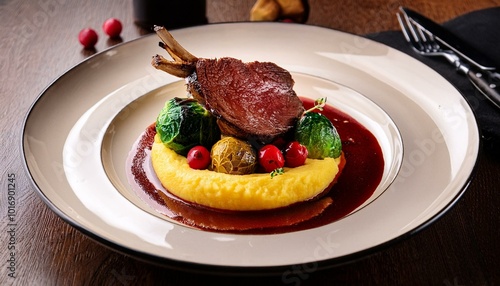 Venison saddle from the Polting estate, polenta, cranberries, Brussels sprouts, Madagascar pepper with vinegar jus photo