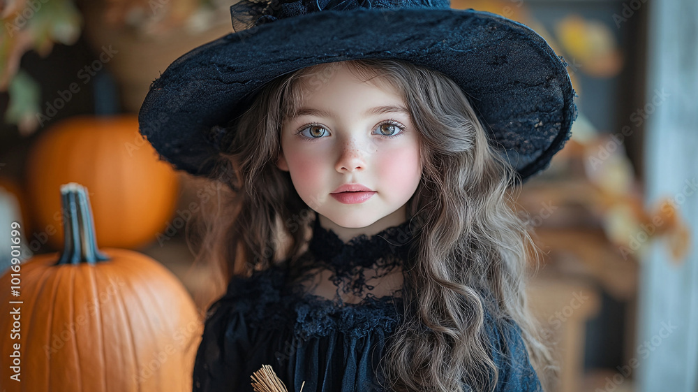 A girl at a Halloween photo shoot. A girl in a witch costume. A girl at a Halloween photo shoot. A girl in a witch costume.