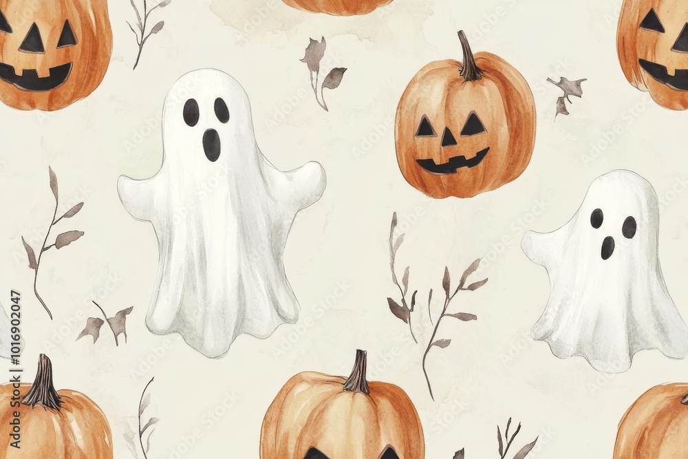 watercolor Halloween seamless pattern with cute ghost and funny pumpkin on beige background, watercolor Halloween seamless pattern with cute ghost and funny pumpkin on beige background,