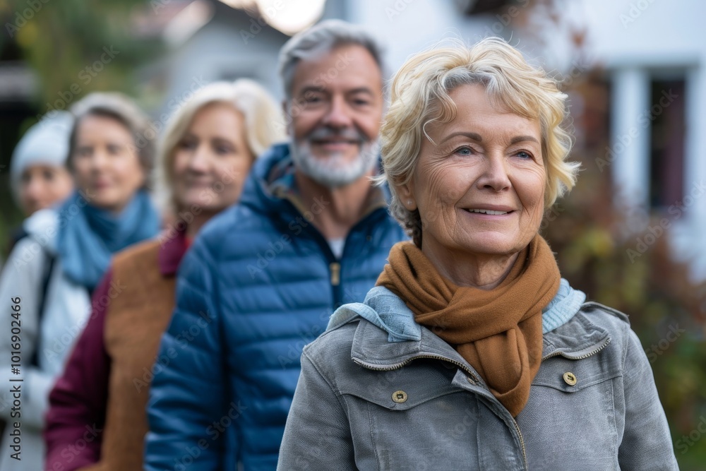 Portrait of smiling senior woman with group of friends standing in background Portrait of smiling senior woman with group of friends standing in background