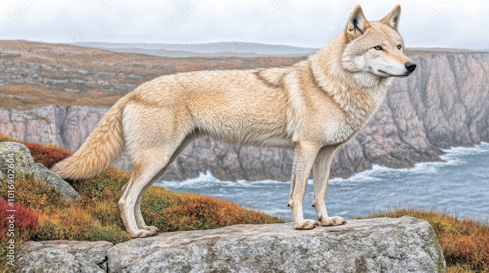 Fototapeta premium Majestic Wolf on Rocky Coastline
