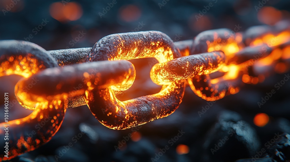 Close-up macro shot of a glowing heated metal chain link Close-up macro shot of a glowing heated metal chain link