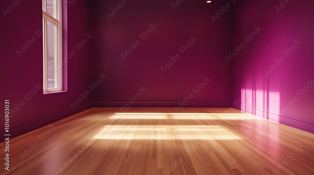 Empty room with purple walls and wooden floor with sunlight coming in through window Empty room with purple walls and wooden floor with sunlight coming in through window