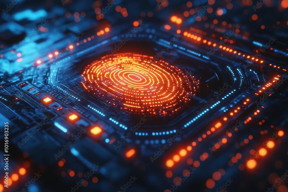 futuristic cybersecurity interface with glowing fingerprint scan holographic displays show data encryption and authentication process cool blue tones dominate futuristic cybersecurity interface with glowing fingerprint scan holographic displays show data encryption and authentication process cool blue tones dominate