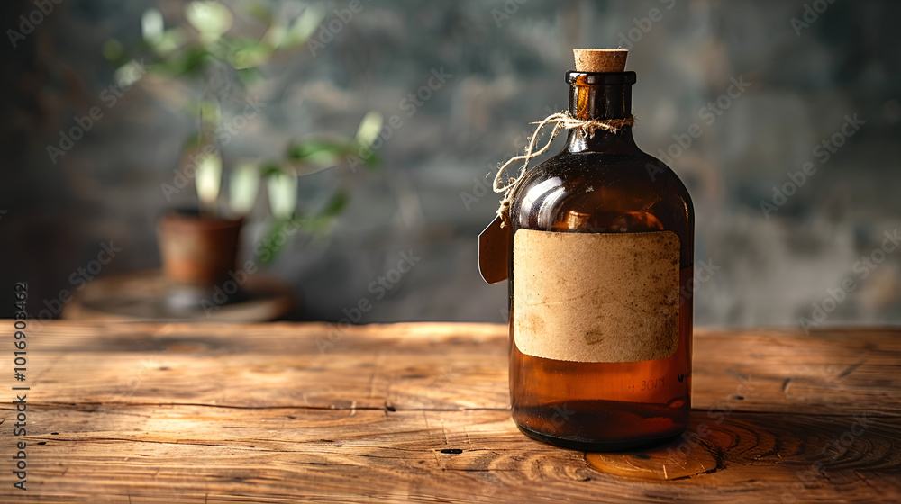 An old, amber-colored glass bottle sitting on a wooden table, sealed with a simple cork stopper. A piece of string is tied around the neck of the bottle, attaching a small, blank, aged tag An old, amber-colored glass bottle sitting on a wooden table, sealed with a simple cork stopper. A piece of string is tied around the neck of the bottle, attaching a small, blank, aged tag