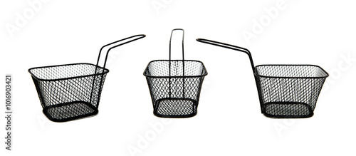 Empty black wire chip or French fries serving deep fryer basket isolated on white background with clipping path and copy space. Small metal wire frying basket. View from all sides.