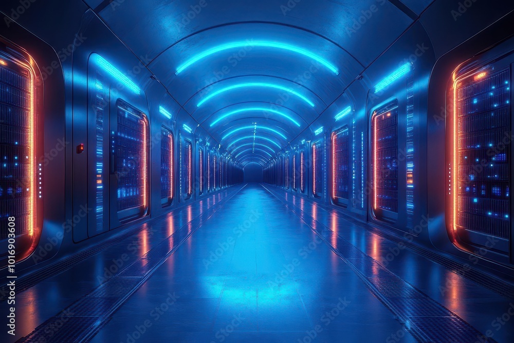 futuristic data center interior rows of illuminated server racks cool blue lighting hightech information storage concept futuristic data center interior rows of illuminated server racks cool blue lighting hightech information storage concept