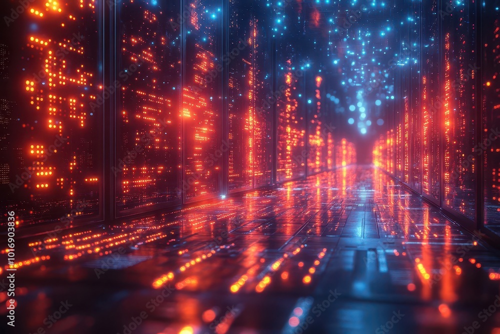 futuristic data center with glowing server racks holographic displays and streams of binary code flowing through translucent fiber optic cables futuristic data center with glowing server racks holographic displays and streams of binary code flowing through translucent fiber optic cables