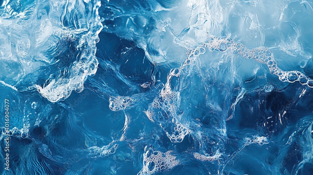 Obraz premium Transparent blue clear water surface texture with ripples, splashes and bubbles