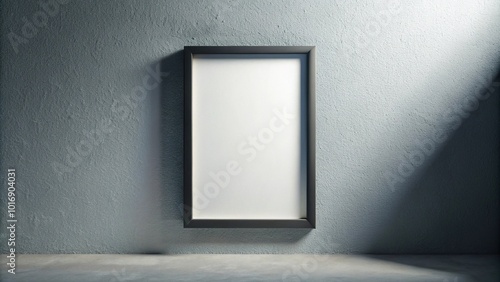 Minimalist black frame on blank white wall with diagonal sunlight