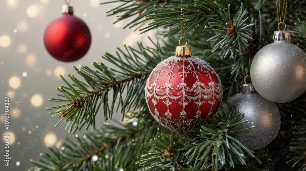 Fototapeta premium pine tree branch with Christmas ornaments