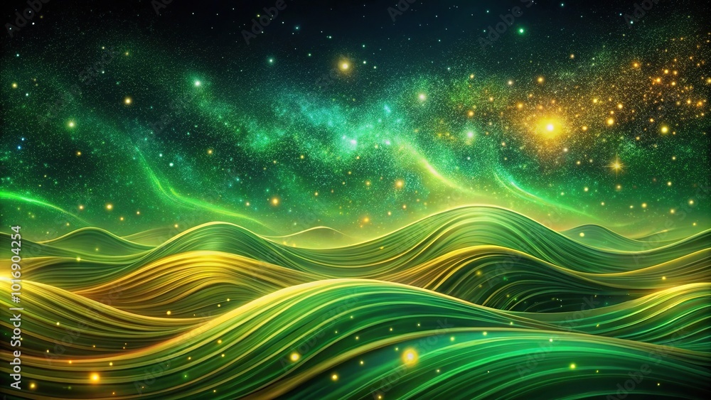 Obraz premium Abstract green and gold waves in a starry night sky long shot