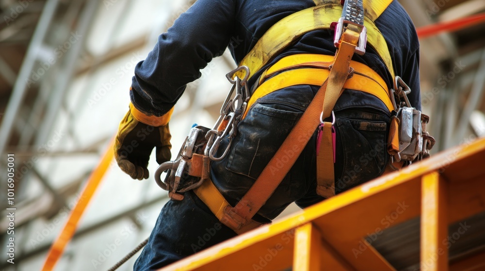Detailed view of construction worker safety harness and helmet, as they work from an elevated platform with safety precautions Detailed view of construction worker safety harness and helmet, as they work from an elevated platform with safety precautions