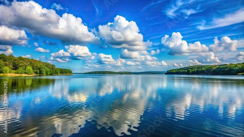 Minimalist blue sky with clouds above Brookville Lake photo