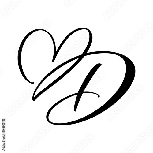 Calligraphy hand drawn vector love letter D. Vintage heart monogram. Script capital font logo. Handwritten brush style. element Valentine flourish. sign for page decoration design illustration