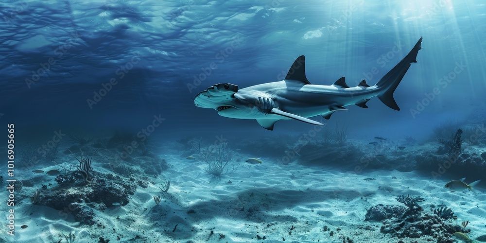 hammerhead shark hunting near the ocean floor hammerhead shark hunting near the ocean floor