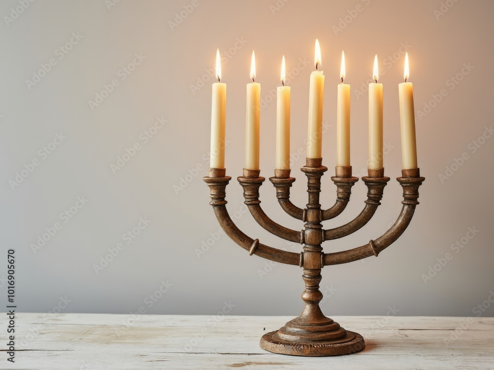 Rustic wooden Hanukkah menorah with lit candles on a distressed wooden surface, representing the Jewish Festival of Lights Rustic wooden Hanukkah menorah with lit candles on a distressed wooden surface, representing the Jewish Festival of Lights