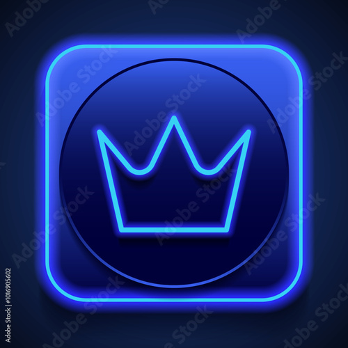 Crown vector simple icon. Flat design. Blue neon style on button. With shadow