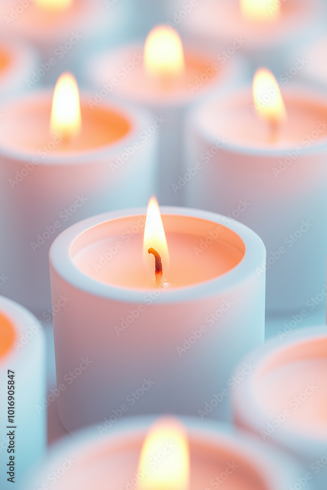 Rows of small white candles with warm flickering flames, soft lighting effect, cozy atmosphere, perfect for relaxation, meditation, or holiday home decor Rows of small white candles with warm flickering flames, soft lighting effect, cozy atmosphere, perfect for relaxation, meditation, or holiday home decor