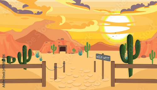 Vector illustration of a beautiful desert landscape. Cartoon scene of a desert with a bright sun, mountains, rocks, stones,a cave, cacti, succulents, a sign with the inscription: wild west, fences.
