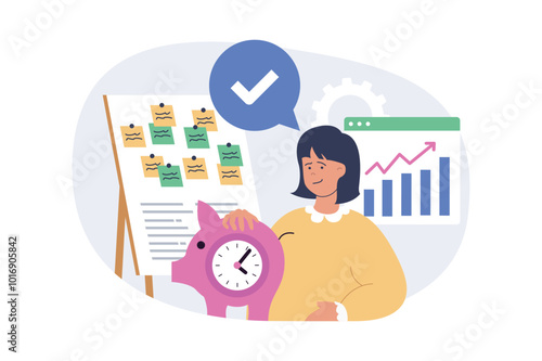 Time management concept in modern flat design for web. Woman planning job with tasks, organizing productivity workflow, controlling time to deadline, earning money and savings. Vector illustration.