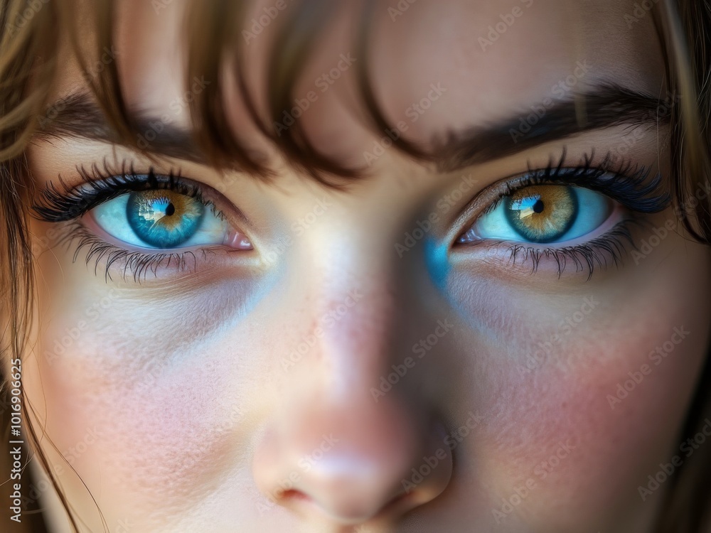 Fototapeta premium Close-up of a woman's eyes with heterochromia, showcasing one blue and one hazel eye, detailed lashes, and soft lighting highlighting facial features