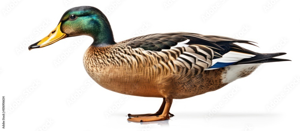 Obraz premium Male Mallard Duck with a Yellow Beak Standing on White Background