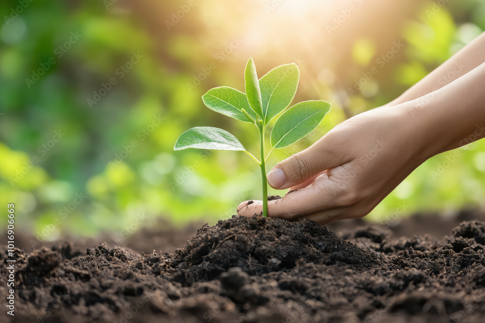 A person is planting a small green plant in the dirt A person is planting a small green plant in the dirt