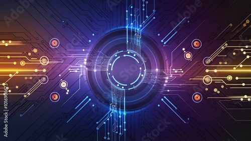 Abstract tech background with sleek circuit patterns, glowing connections, and dynamic energy lines, representing digital innovation. photo