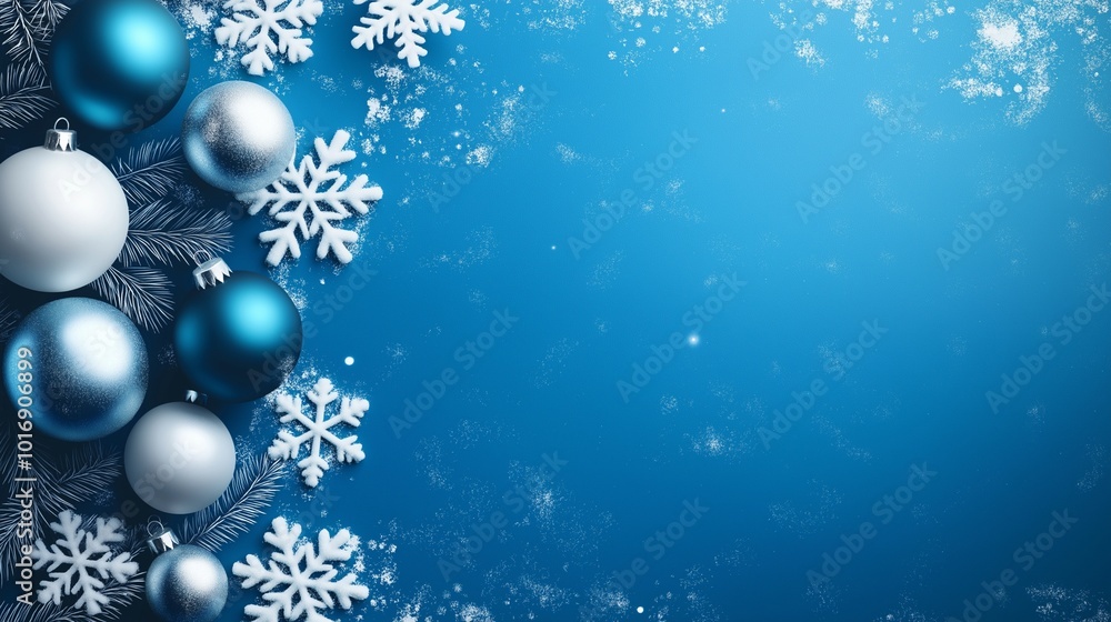 blue christmas background with baubles and snowflakes with copy space blue christmas background with baubles and snowflakes with copy space