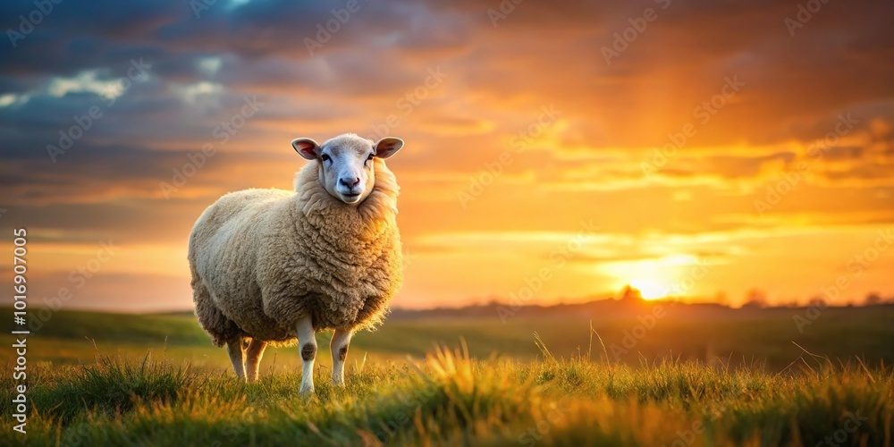 Fototapeta premium Minimalist brown sheep, white sheep, field, sunset