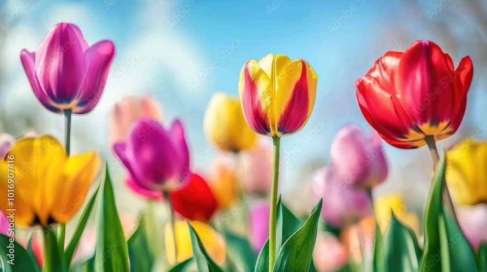 Colorful Tulip Field in Full Bloom Under Blue Sky Colorful Tulip Field in Full Bloom Under Blue Sky