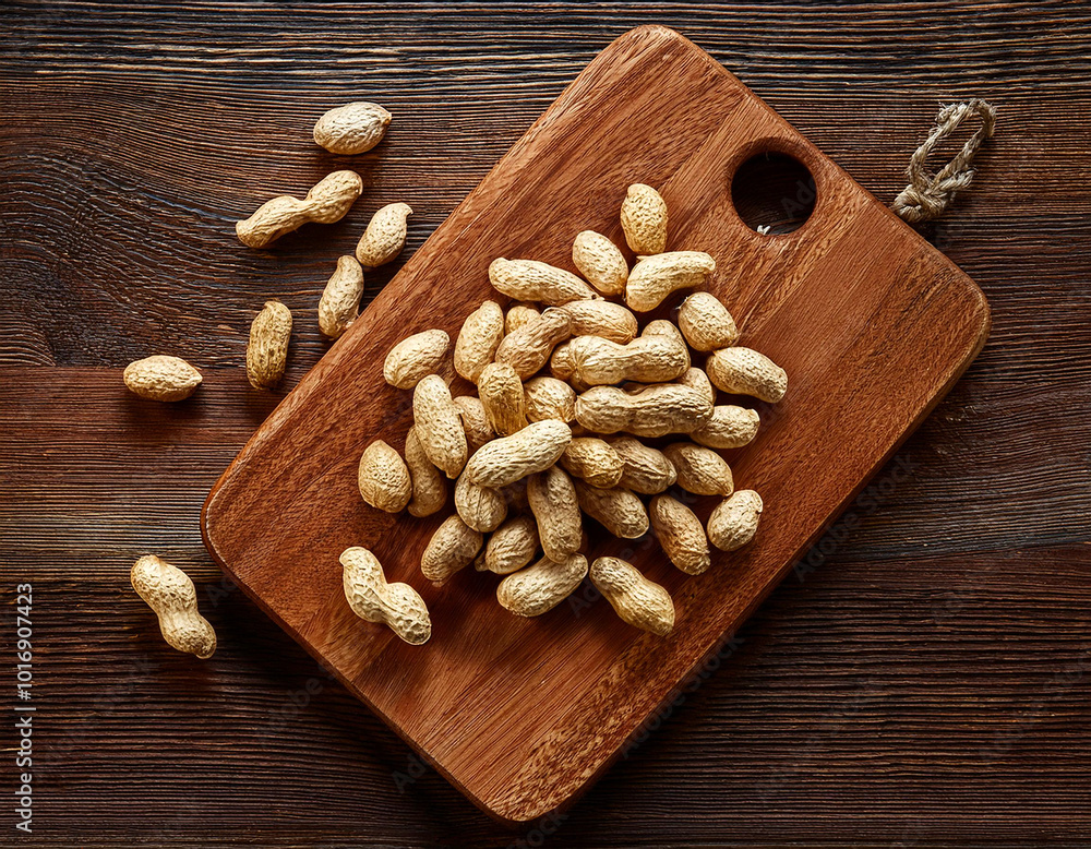 organic peanuts on a wooden cutting board, isolated against a wooden background organic peanuts on a wooden cutting board, isolated against a wooden background