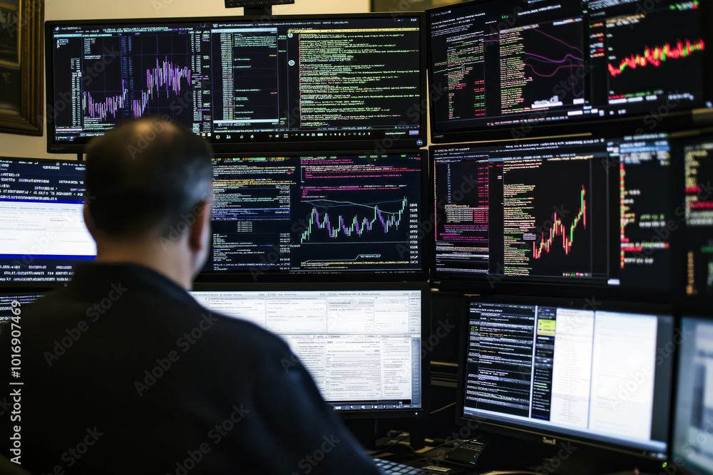 Multiple computer screens displaying cryptocurrency exchanges with a professional investor watching intently. Multiple computer screens displaying cryptocurrency exchanges with a professional investor watching intently.