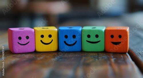 A set of colorful wooden blocks with different expressions like happy faces and sad ones arranged in a line on an old wooden table. The focus on the faces of the cubes is sharp, and different emotions