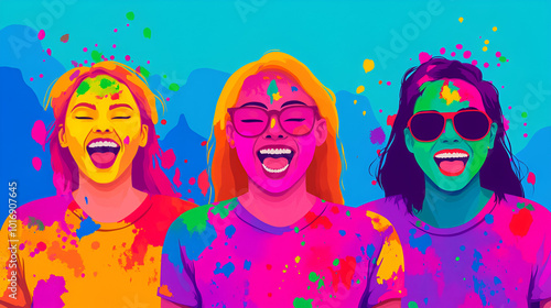 Celebration of Holi festival day colorful illustration of women covered in paint illustration generative ai Ideal for educational and literary content