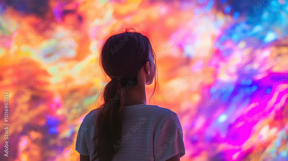 A woman is looking at a colorful painting A woman is looking at a colorful painting