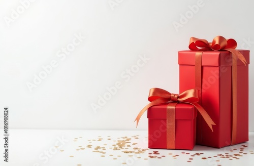 Wallpaper Mural Festively wrapped red gift boxes with golden ribbons and confetti. Gift for New Year and Christmas. Banner, Copyspace Torontodigital.ca