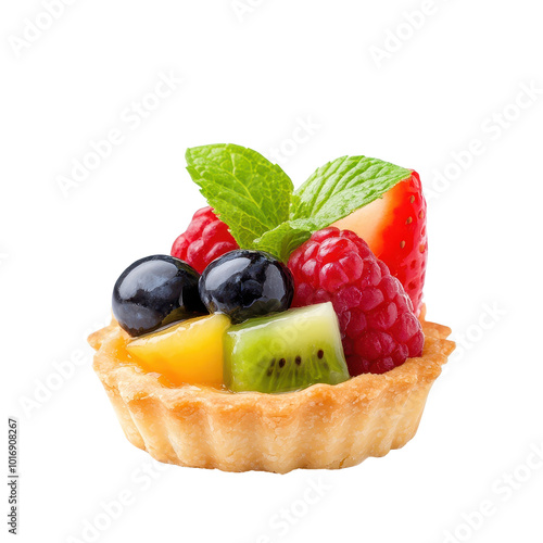 Delicious fruit tart with assorted fresh fruits, white isolate background. Transparent background.