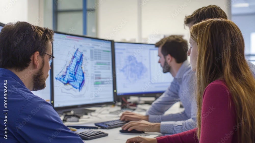 Obraz premium Engineering team working on a project, with a focus on mathematical models and simulations on computer screens