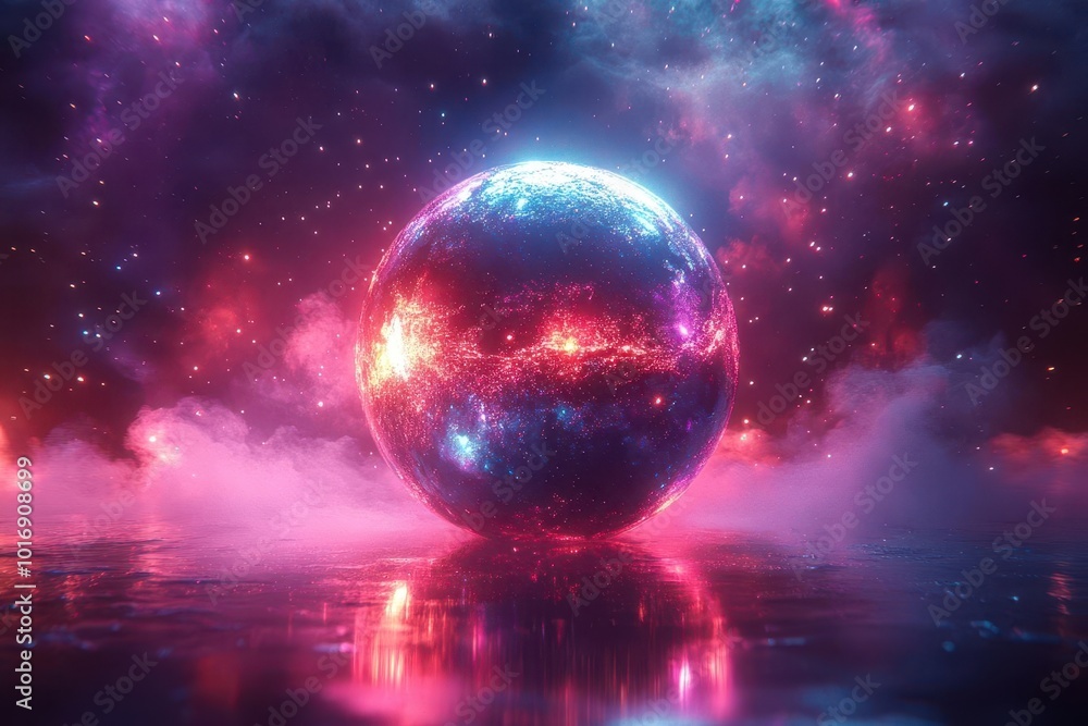 futuristic disco ball floating in space emitting vibrant light beams surreal cosmic background aigenerated abstract patterns swirling around