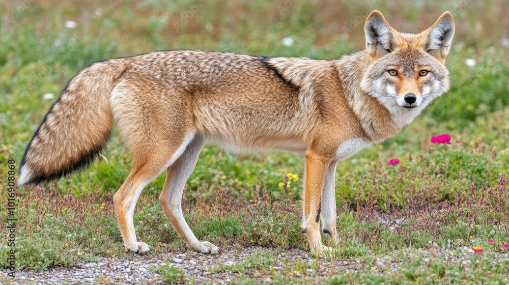 Coyote in Natural Habitat with Floral Background Coyote in Natural Habitat with Floral Background