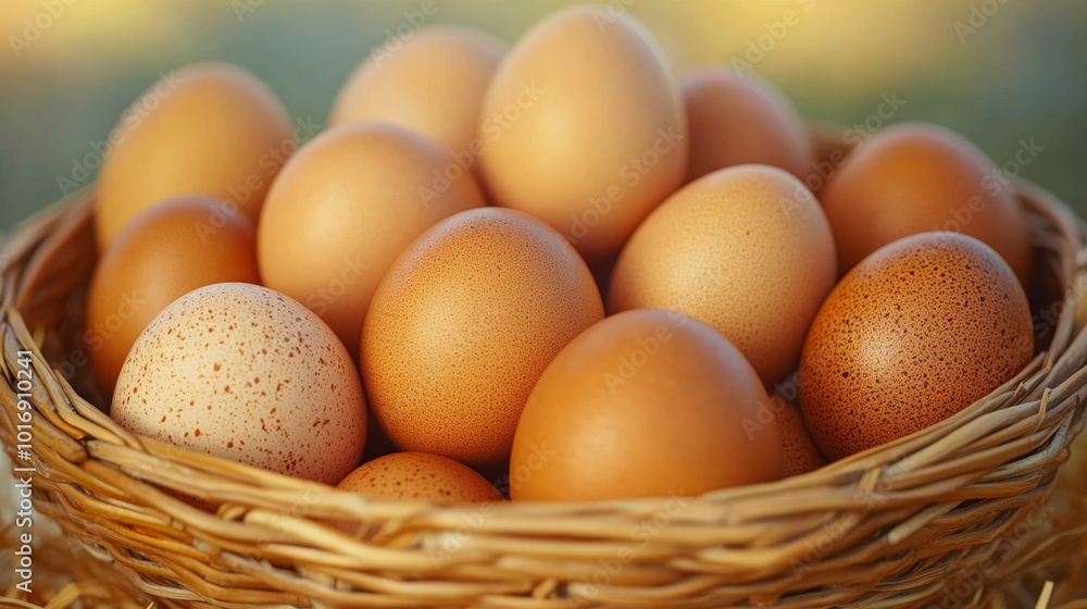 Fresh poultry chicken eggs in a traditional wicker basket, embodying country living Fresh poultry chicken eggs in a traditional wicker basket, embodying country living