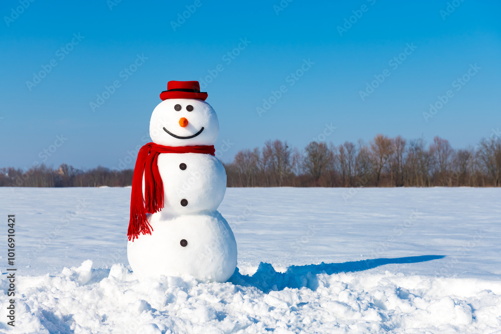 Obraz premium Funny smiley snowman in stylish red hat and red scarf on snowy field. Blue sky on background